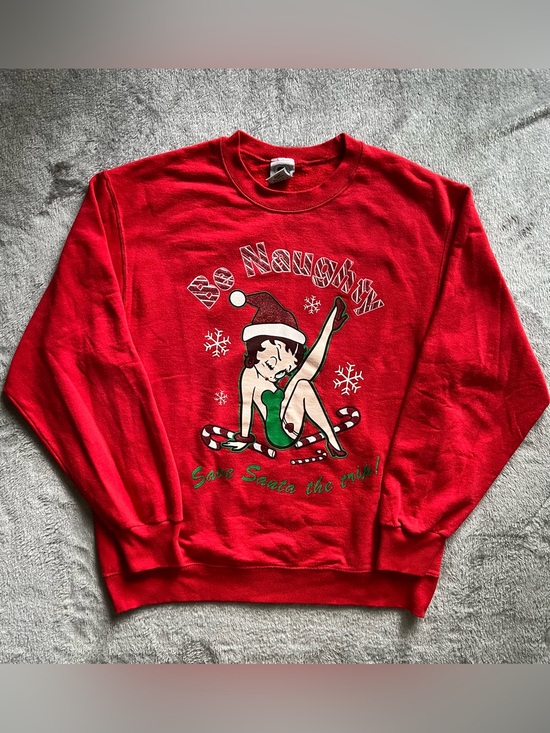 Betty Boop Sweaters - Y2K 2004 Betty Boop “Be Naughty Save Santa the Trip!” Christmas Sweatshirt Red